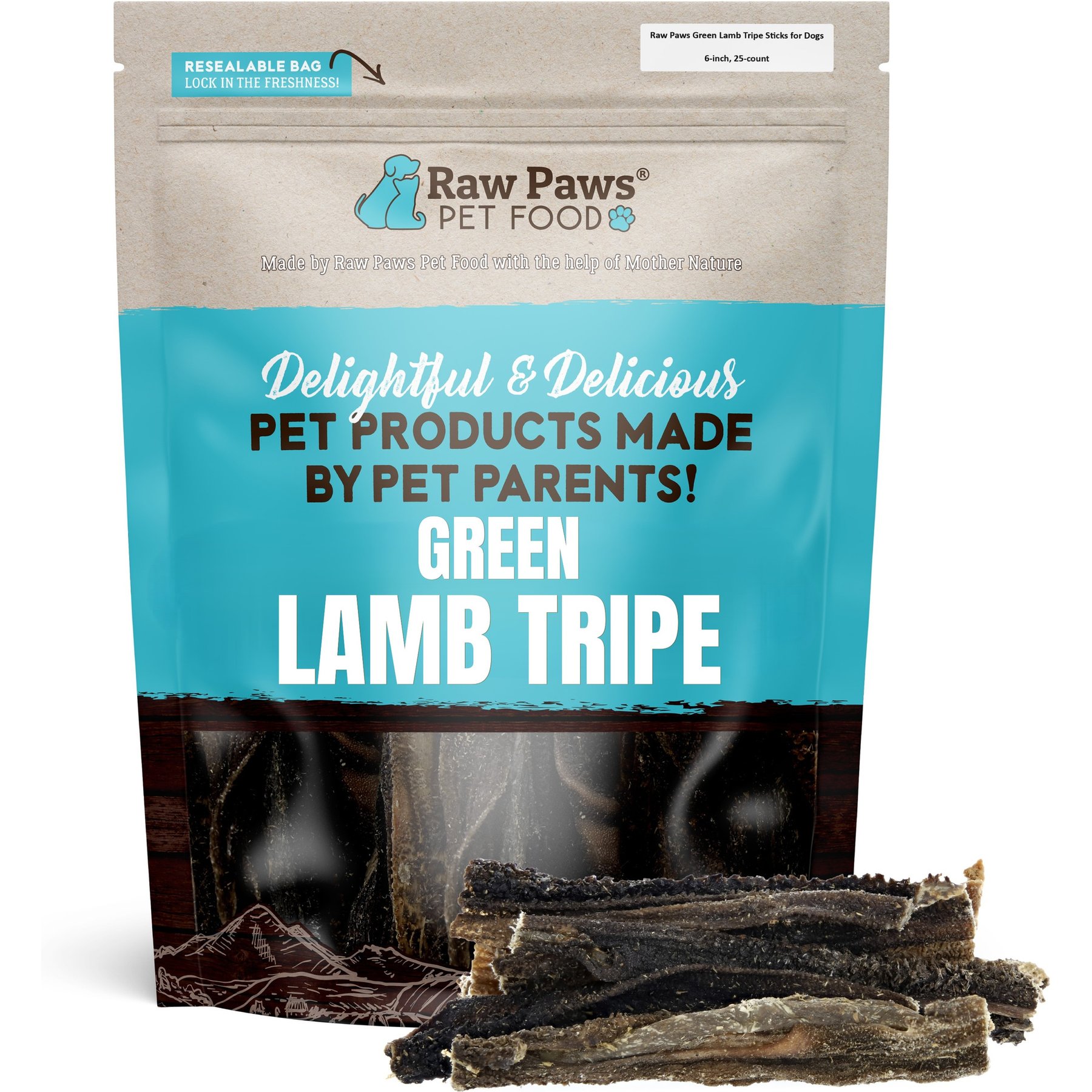 Raw Paws 6-inch Green Lamb Tripe Stick Dog Treats, 25 count