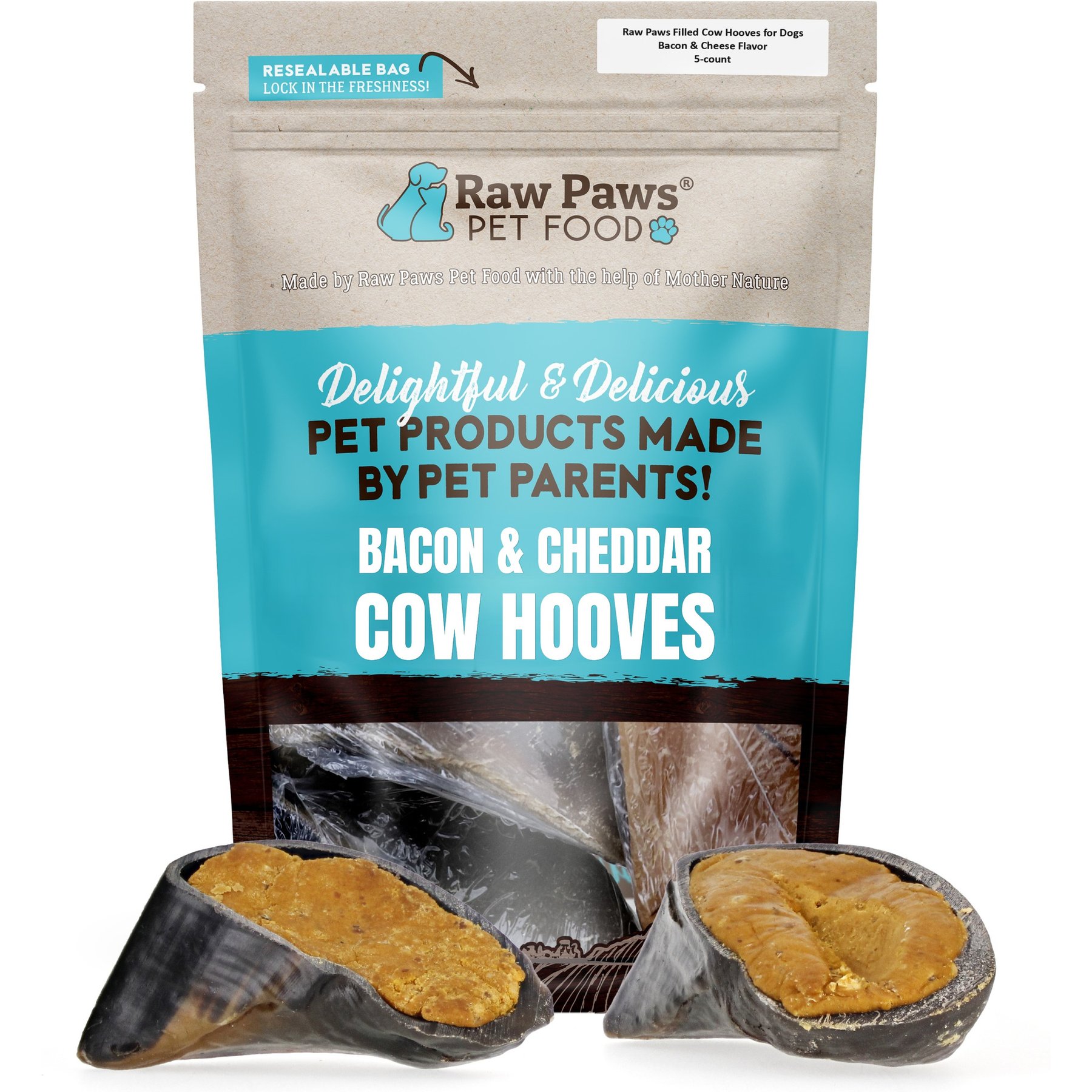 Raw Paws Grain-Free Filled Cow Hooves Bacon & Cheese Lickable Dog Chew Treats, 5 count