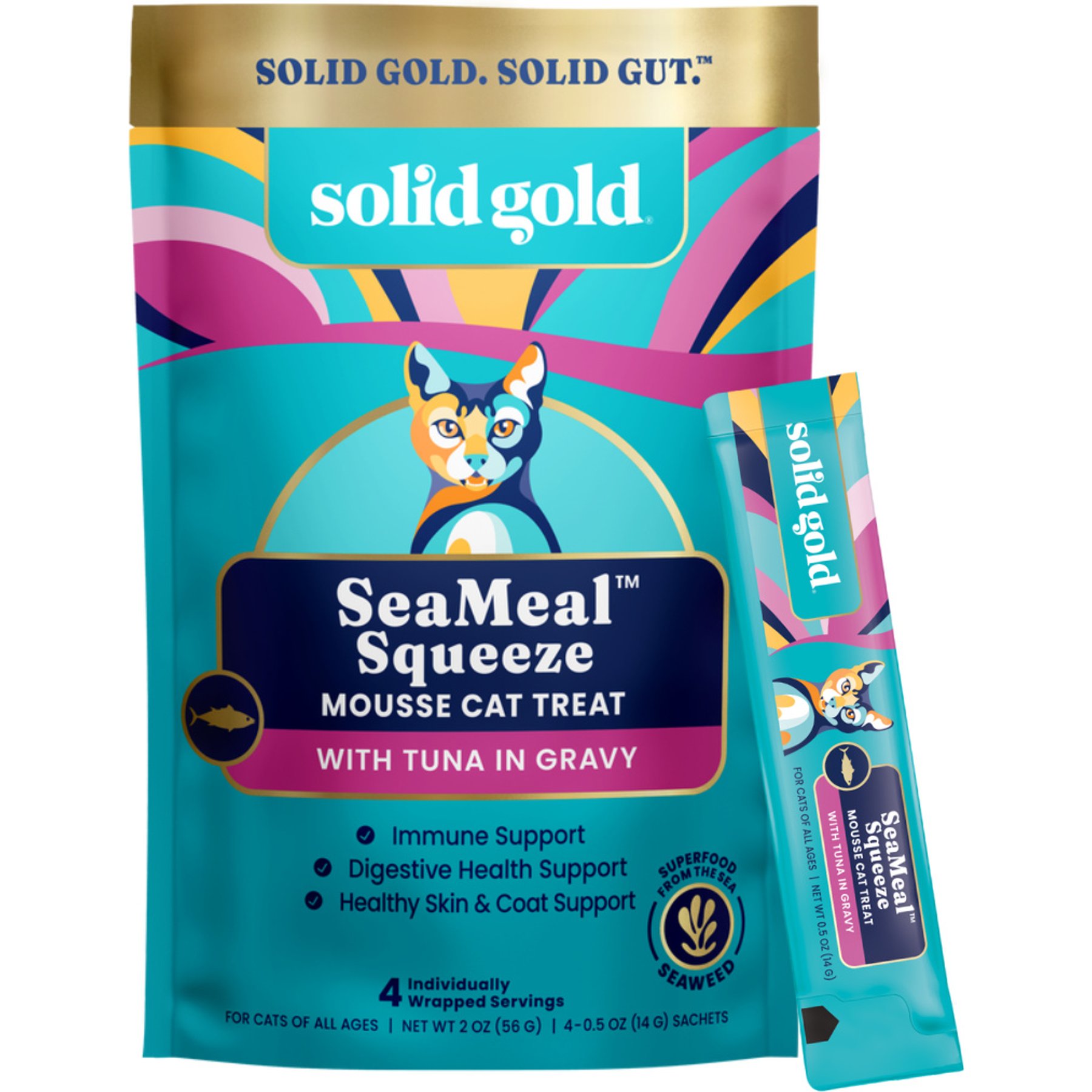 Solid Gold SeaMeal Mousse Lickable Squeeze Tuna Skin & Coat Digestive & Immune Health Cat Treats, 48 count bundle