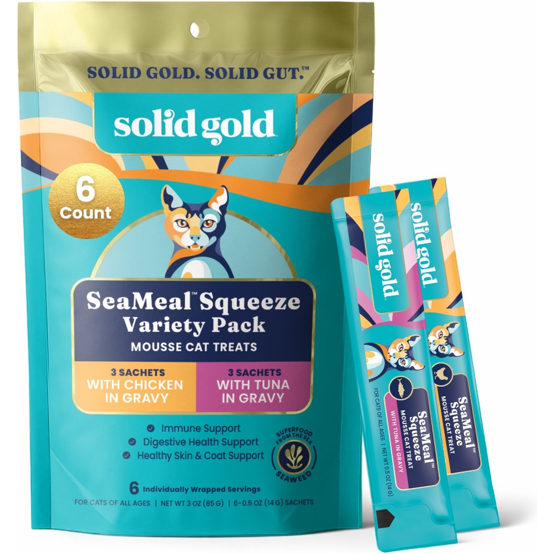 Solid Gold SeaMeal Mousse Lickable Squeeze Variety Pack Skin & Coat Digestive & Immune Health Cat Treats, 48 count bundle