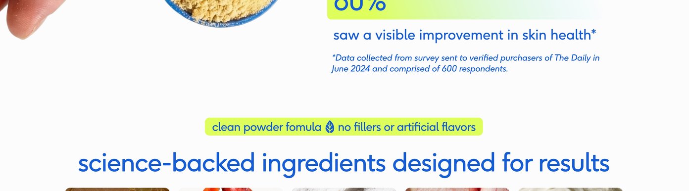 A product banner introduces science-backed ingredients designed for results, emphasizing a clean powder formula with no fillers or artificial flavors. A row of close-up ingredient images showcases collagen from beef broth for joint and skin health, a lobster claw representing glucosamine for joint health and mobility, and L-carnitine powder for energy utilization and a healthy metabolism.