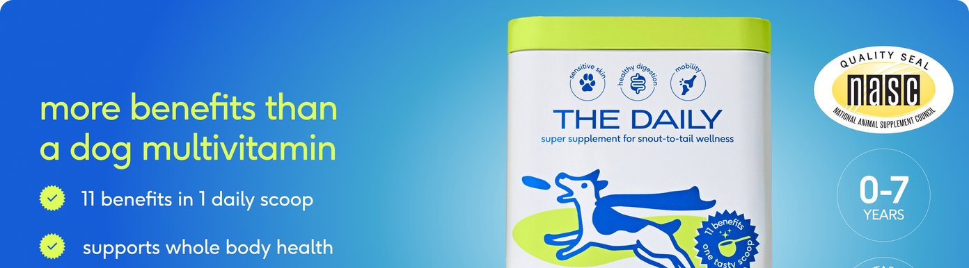 A promotional banner features Native Pet's "The Daily," a super supplement for snout-to-tail wellness packaged in a white tub with a green lid. The text highlights that it offers eleven benefits in one daily scoop to support whole body health and improve a dog's quality of life. The National Animal Supplement Council quality seal and a badge for ages zero to seven years are prominently displayed alongside small icons representing sensitive skin, healthy digestion, and mobility.