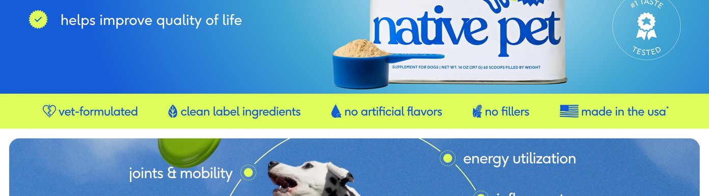 A blue and lime green banner showcases Native Pet's core product standards and certifications. Product claims include vet-formulated, clean label ingredients, no artificial flavors, no fillers, and made in the USA. A blue scoop filled with the powdered pet supplement sits in front of the product packaging, which also features a badge indicating it is number one taste tested.
