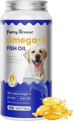 Furry Armor Skin & Coat Health Heart Care Brain Health Itch & Redness Remedy Mackerel Flavored Softgel Supplements for Dogs & Cats, 150 count