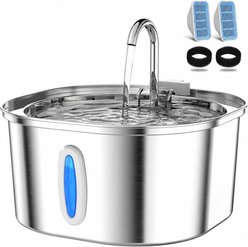 PEKTACO Oval Window Stainless Steel with 2 Replacement Filters & Sponges Dog & Cat Water Fountain, 108-oz
