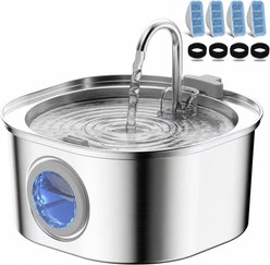 PEKTACO Round Window Stainless Steel with 4 Replacement Filters & Sponges Dog & Cat Water Fountain, 108-oz