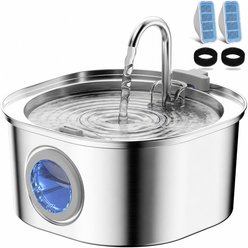 PEKTACO Round Window Stainless Steel with 2 Replacement Filters & Sponges Dog & Cat Water Fountain, 108-oz