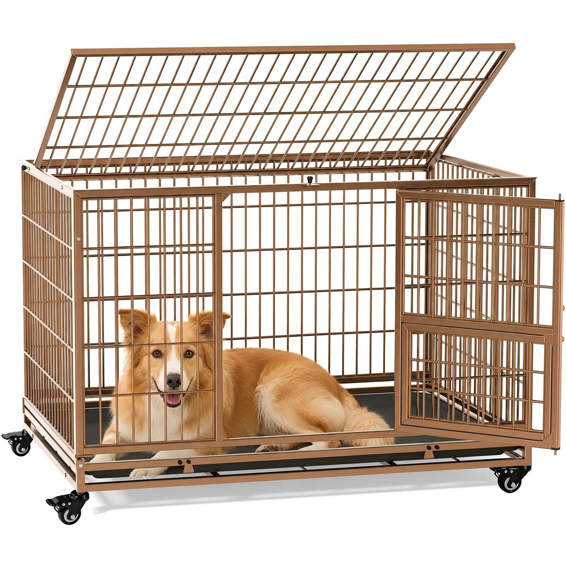 Gardner Pet Heavy Duty with Wheels, Folding with Removable Tray, Hard-Sided Dog Crate, Brown, 43.7 x 29.7 x 29.5-in