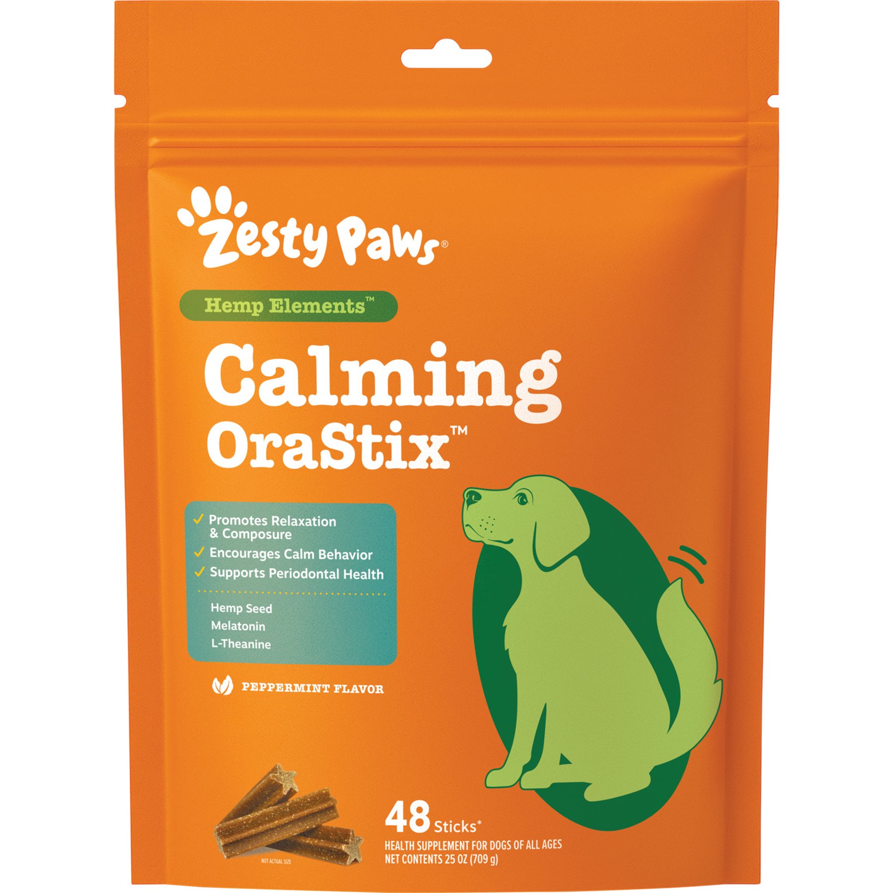 Zesty Paws Hemp Elements Calming Hemp OraStix Peppermint Flavored Dental Chews Melatonin Supplement for Dogs, 25-oz bag