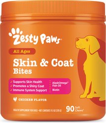 Zesty Paws Skin & Coat Bites Chicken Flavored Soft Chews Omega 3 Fish Oil Supplement for Dogs, 90 count