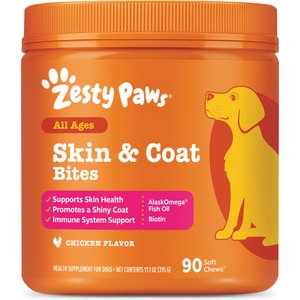 Zesty Paws Skin & Coat Bites Chicken Flavored Soft Chews Omega 3 Fish Oil Supplement for Dogs, 90 count