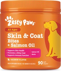 Zesty Paws Skin & Coat Bites Salmon Flavored Soft Chews Salmon Oil Supplement for Dogs, 90 count