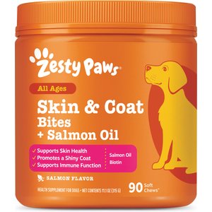 Zesty Paws Skin & Coat Bites Salmon Flavored Soft Chews Salmon Oil Supplement for Dogs, 90 count