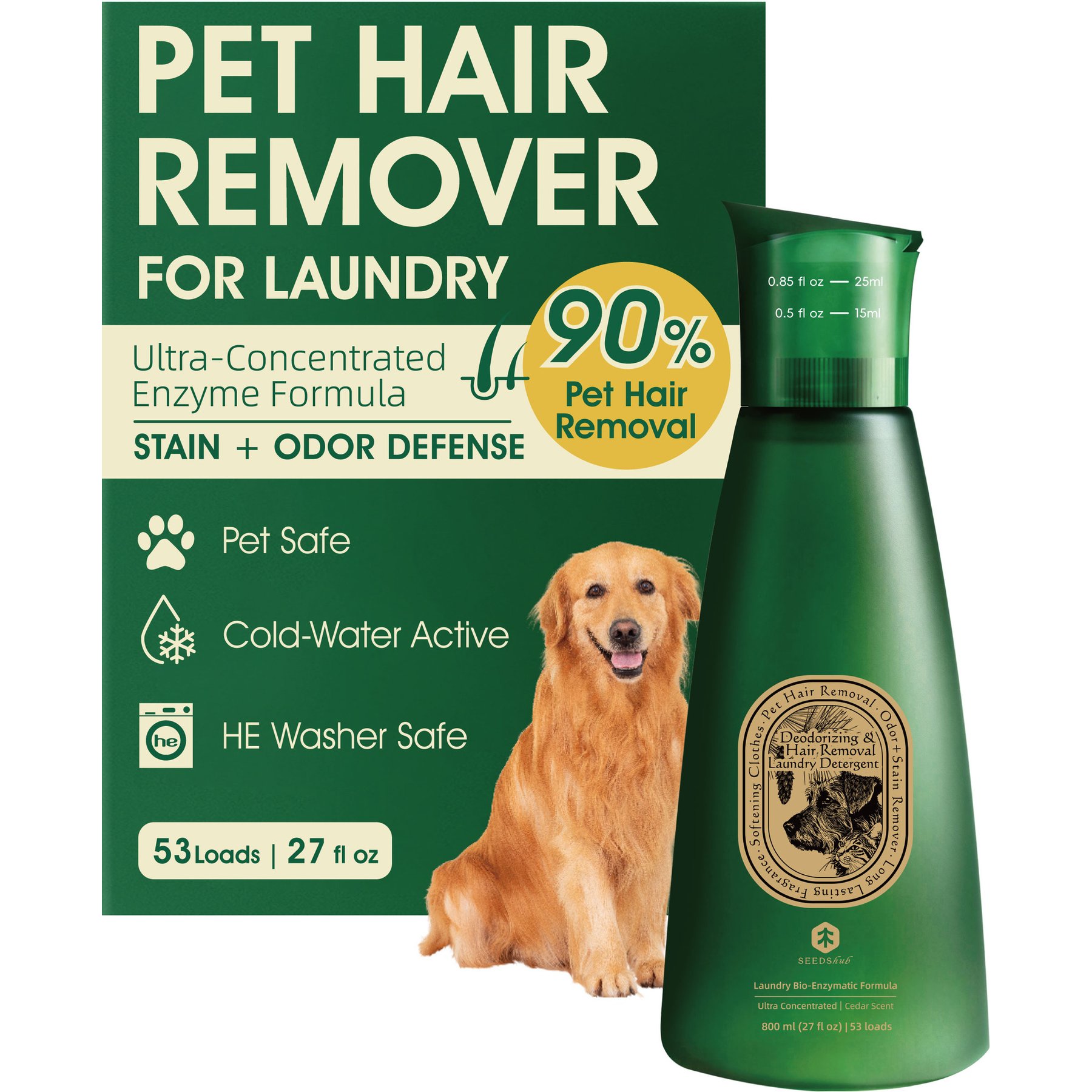 Seedshub Hair Removing & Deodorizing Stain Remover Dog Laundry Detergent, 27-fl oz bottle, Green, 1 count