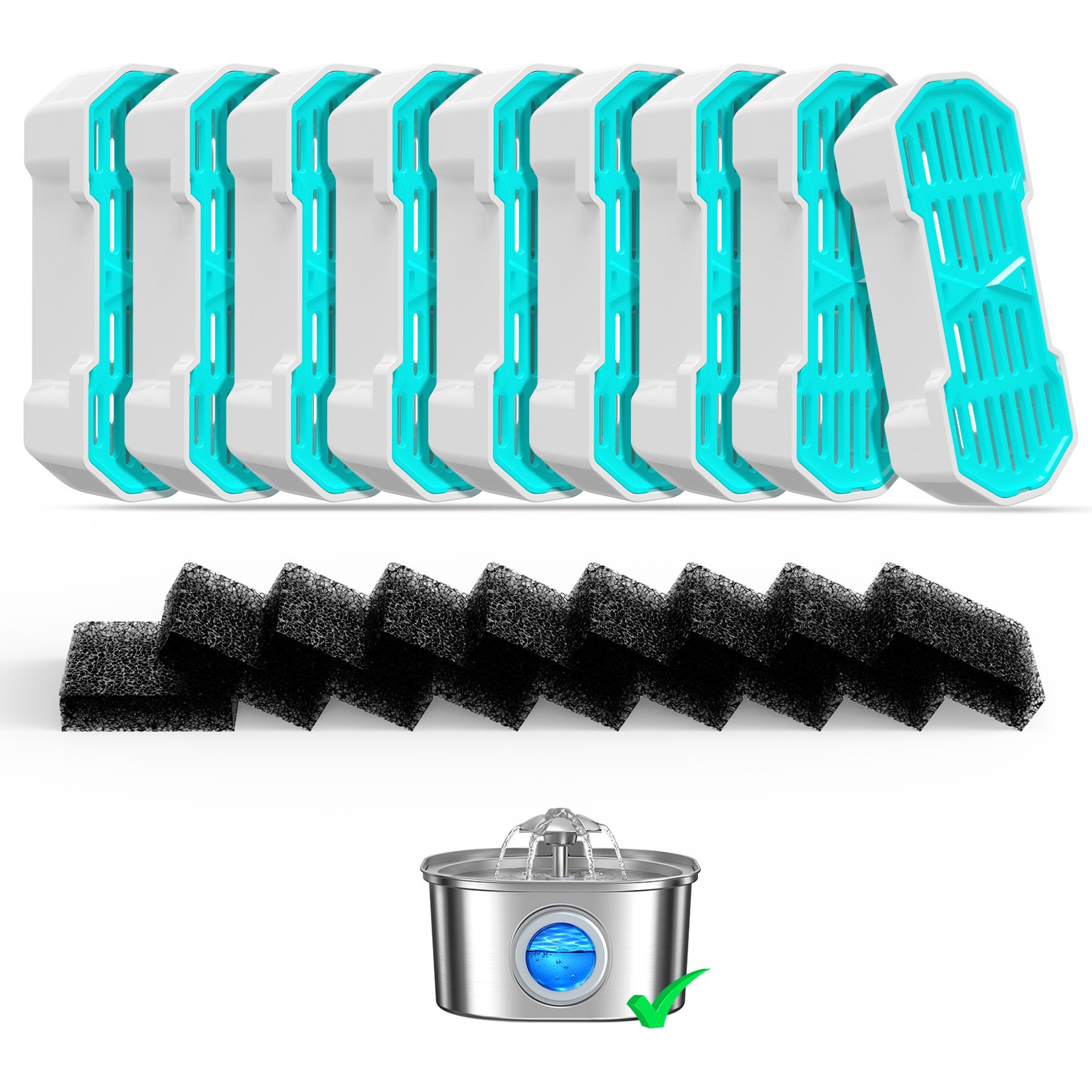 PEKTACO Replacement 9 Filters & 9 Pre-Filter Sponges, HTFY Model Multi-Layer Filtration for Cleaner Cat Water Fountain, 3.2-L, Blue
