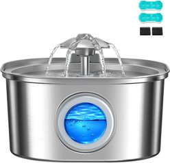 PEKTACO 2 Filter Quiet Pump, Flower-Shaped Nozzle, Circulating Filtration System, Water-Level Window BPA-Free Stainless-Steel Dog & Cat Water Fountain, 3.2-L, Silver