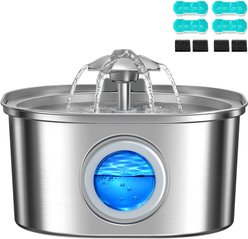 PEKTACO 4 Filter Quiet Pump, Flower-Shaped Nozzle, Circulating Filtration System, Water-Level Window BPA-Free Stainless-Steel Dog & Cat Water Fountain, 3.2-L, Silver