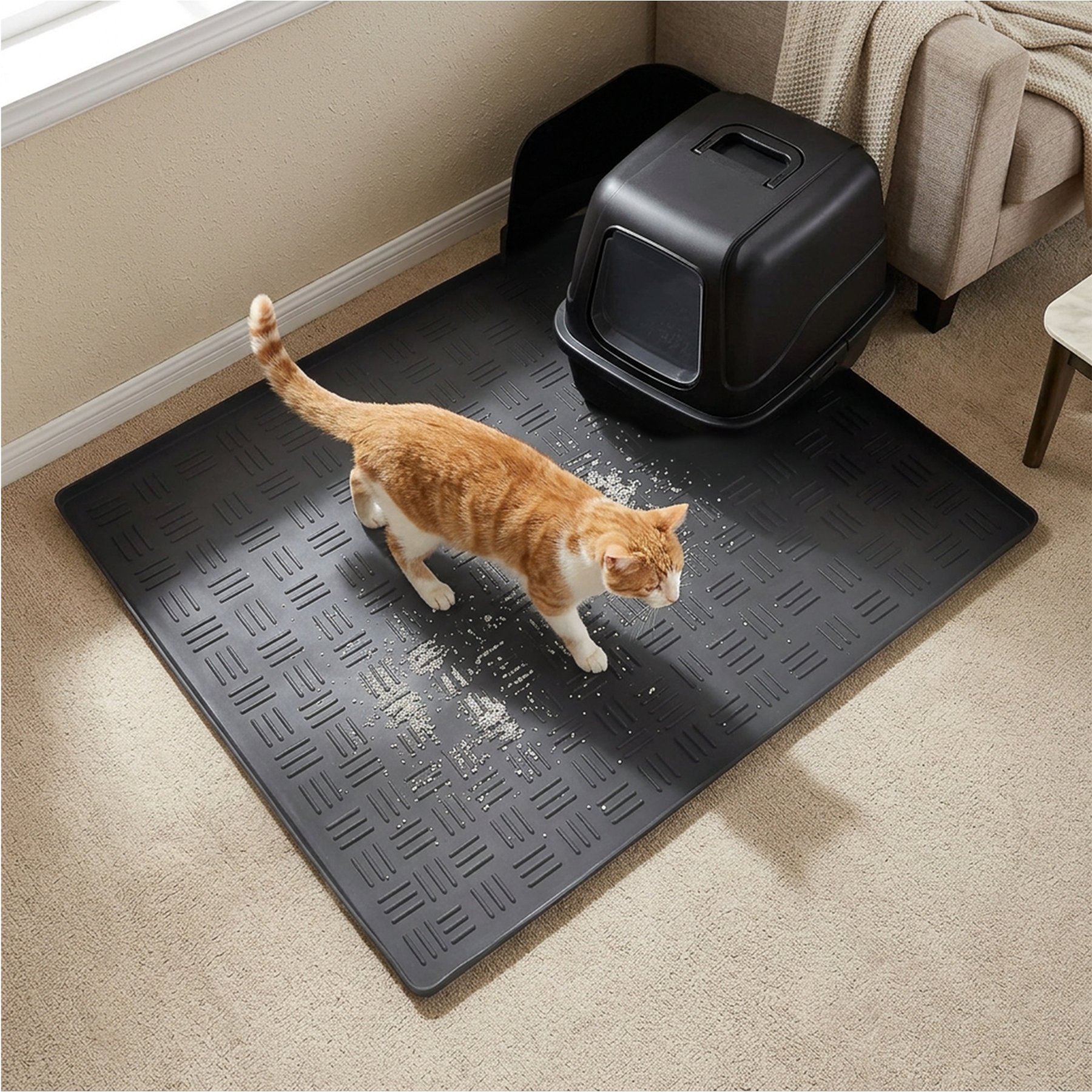 furrybaby Silicone Diamond Textured Waterproof & Non-Slip Cat Litter Mat, Grey, 23.6 x 23.6-in