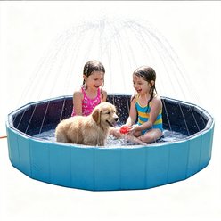 WEVONIGU Heavy-Duty Hard Plastic Non-Slip Dog Pool with Sprinkler, Blue, Medium