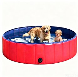 WEVONIGU Heavy-Duty Hard Plastic Non-Slip Collapsible Dog Pool, Red, Large