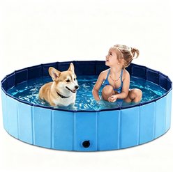 WEVONIGU Heavy-Duty Hard Plastic Non-Slip Collapsible Dog Pool, Blue, Large