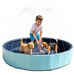 WEVONIGU Heavy-Duty Hard Plastic Non-Slip Dog Pool with Sprinkler, Blue, Large