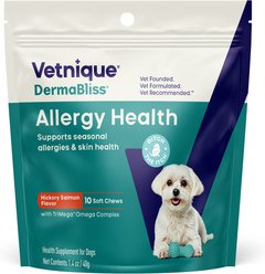 Vetnique Labs Dermabliss Seasonal Allergy & Immune Support Salmon Flavored Allergy & Fish Oil Soft Chew Supplement for Dogs, 10 count