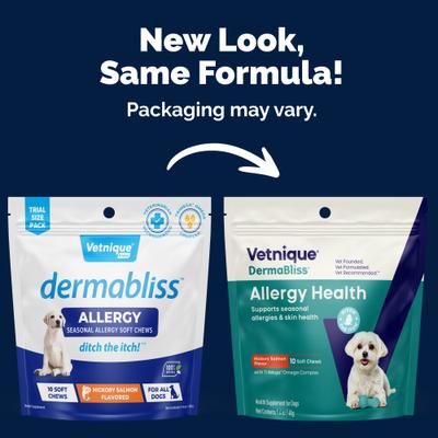 Show full view: Vetnique Labs Dermabliss Seasonal Allergy & Immune Support Salmon Flavored Allergy & Fish Oil Soft Chew Supplement for Dogs, 10 count slide 3 of 11