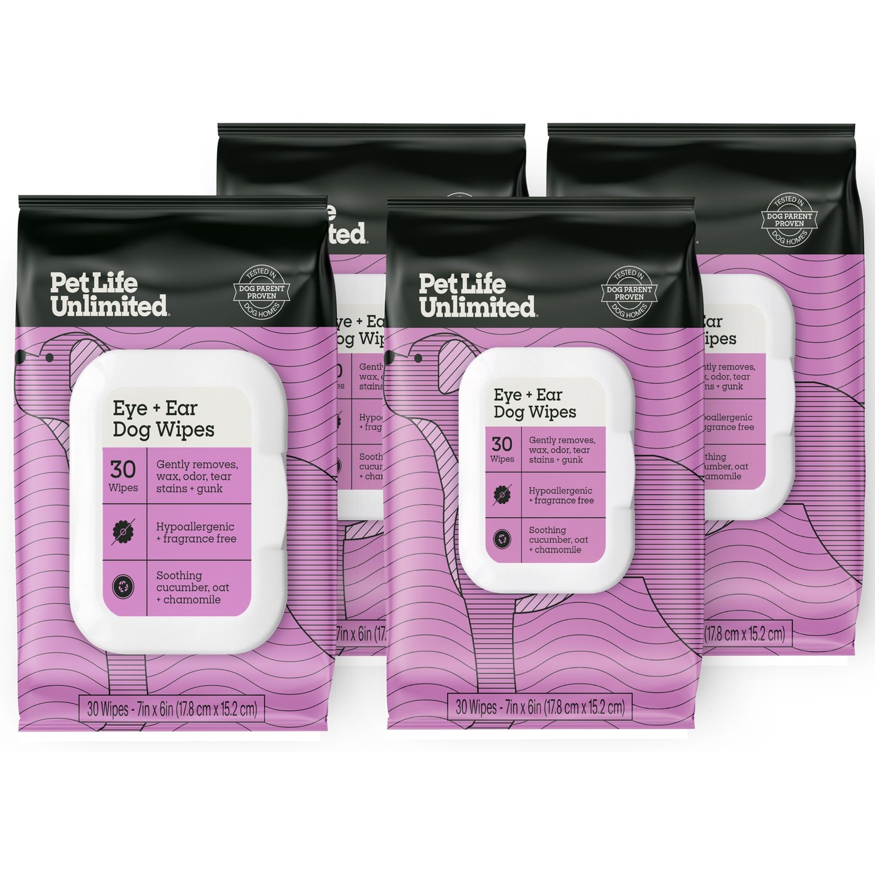 Pet Life Unlimited Ear & Eye Hypoallergenic Dog Wipes, 30 count, case of 4