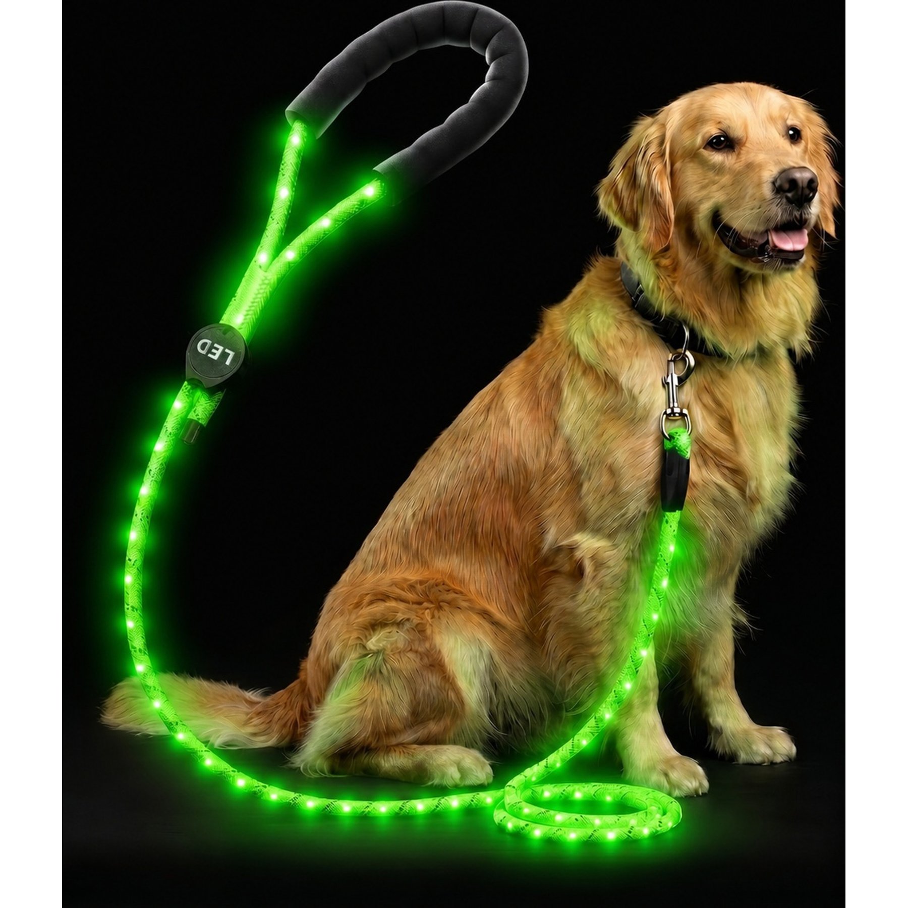 MEGAPAWS LED Light Up Reflective Nylon Dog Leash with Type-C Charging, 4-ft long, 3/8-in wide, Green