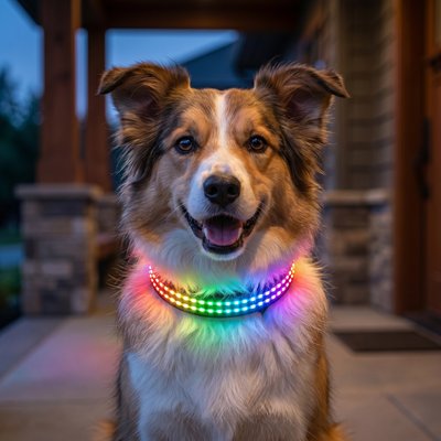 MEGAPAWS MEGAPAWS Rechargeable Waterproof Double Optical Fiber Glowing LED Dog Collar, Black with Rainbow Light, Medium: 16 to 19-in neck, 0.99-in wide