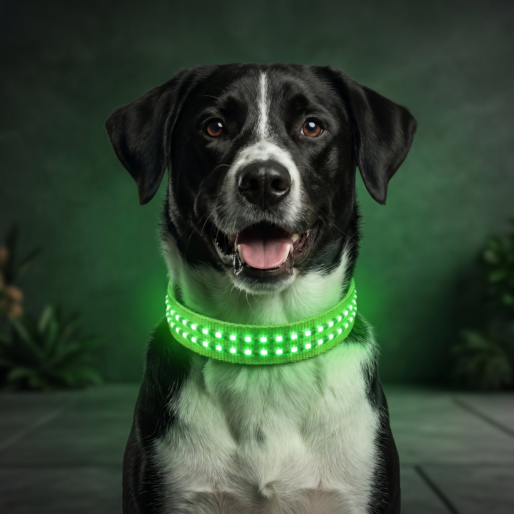 MEGAPAWS Rechargeable Waterproof Double Optical Fiber Glowing LED Dog Collar, Green, Medium: 16 to 19-in neck, 0.99-in wide