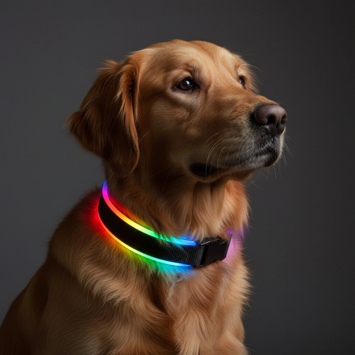 MEGAPAWS Rechargeable Adjustable High-Visibility LED Dog Collar, Black with Rainbow Light, Large: 16 to 20-in neck, 0.79-in wide