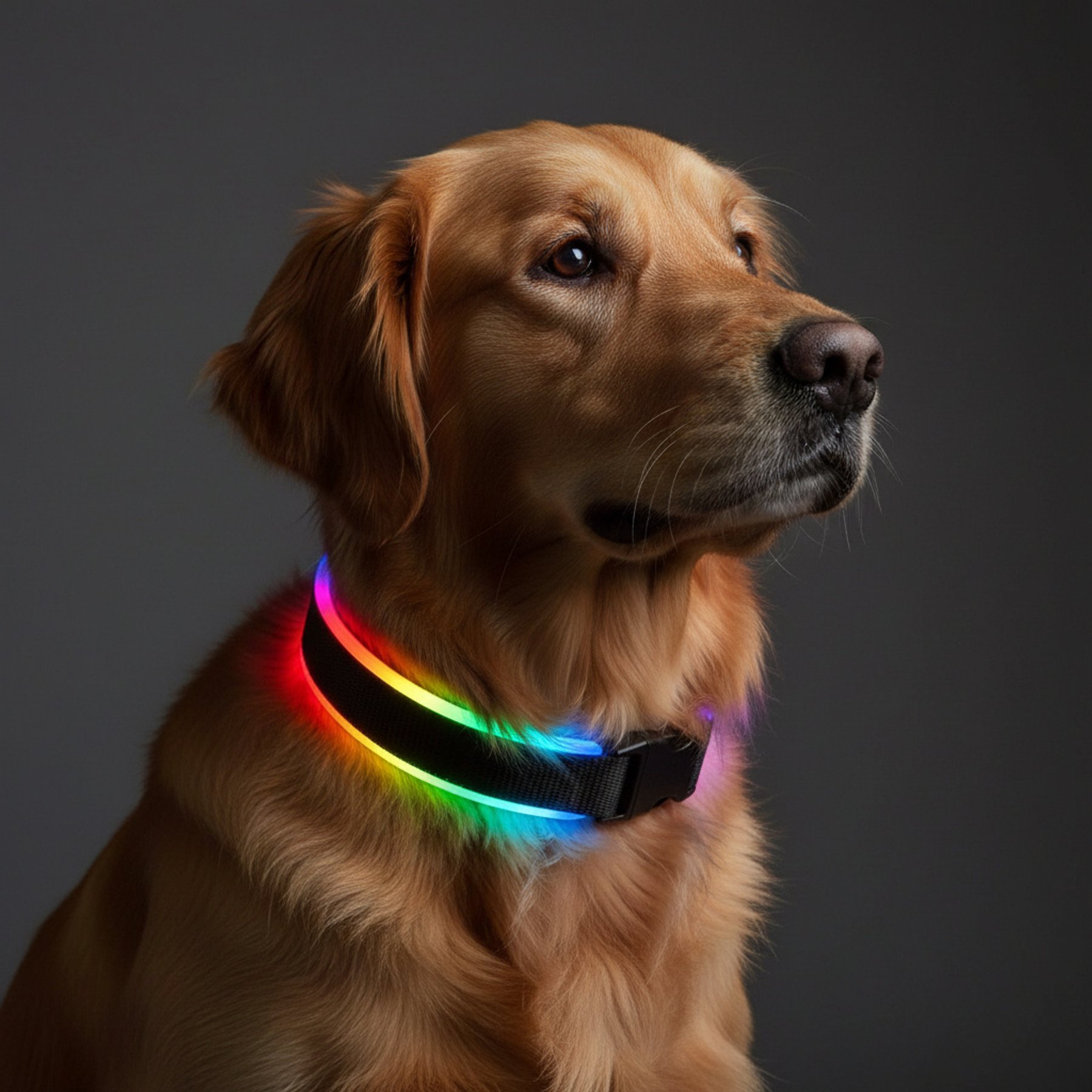 MEGAPAWS Rechargeable Adjustable High-Visibility LED Dog Collar, Black with Rainbow Light, Large: 16 to 20-in neck, 0.79-in wide