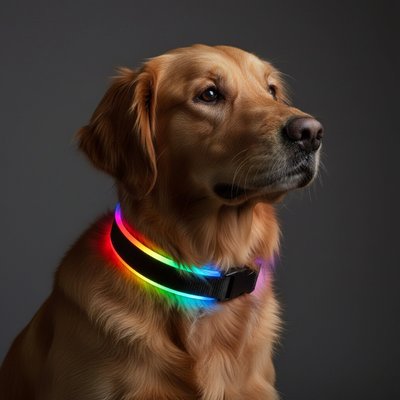 MEGAPAWS MEGAPAWS Rechargeable Adjustable High-Visibility LED Dog Collar, Black with Rainbow Light, Large: 16 to 20-in neck, 0.79-in wide