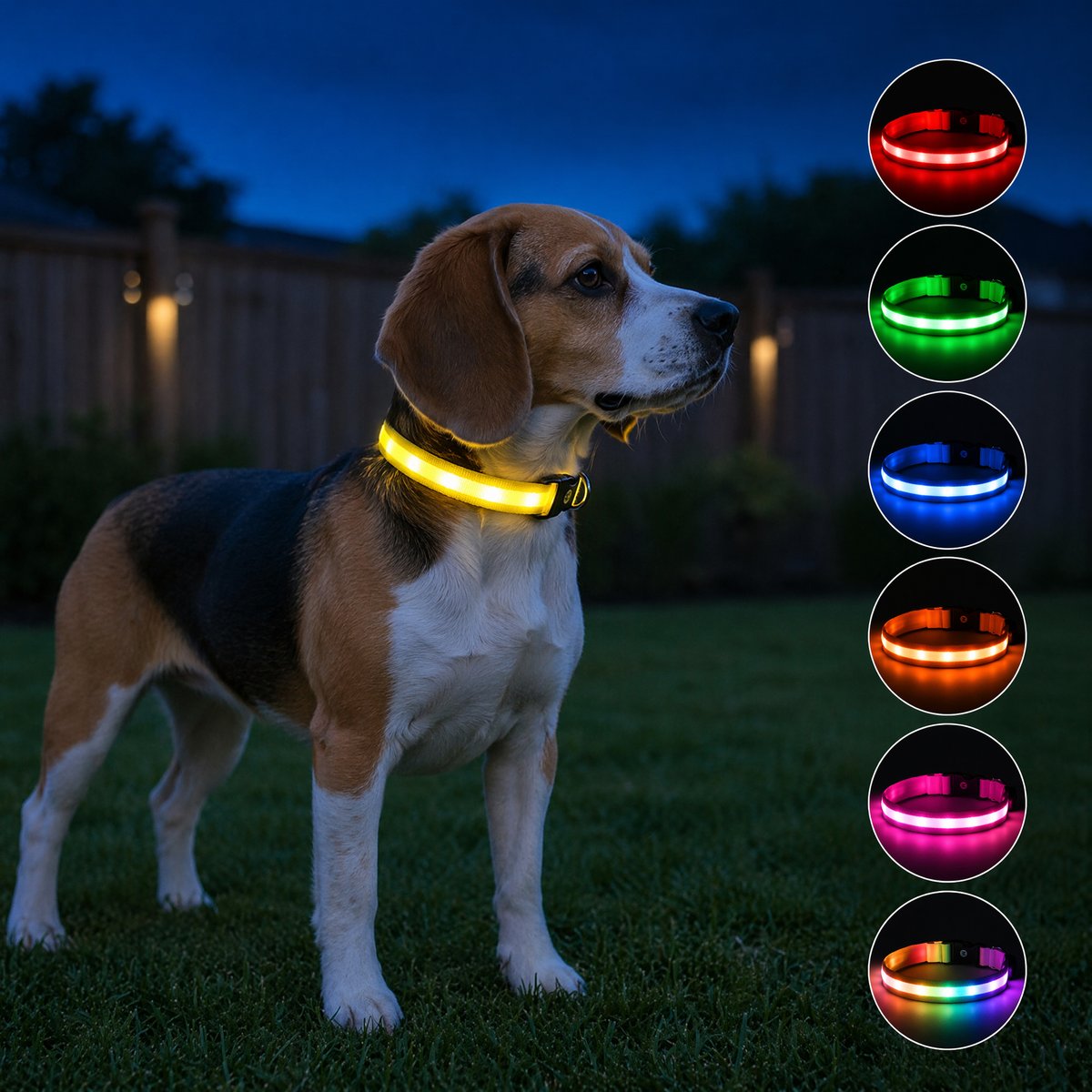 MEGAPAWS 8-Color Flashing Rechargeable Waterproof Adjustable LED Dog Collar, Yellow, Large: 15 to 21-in neck, 0.79-in wide