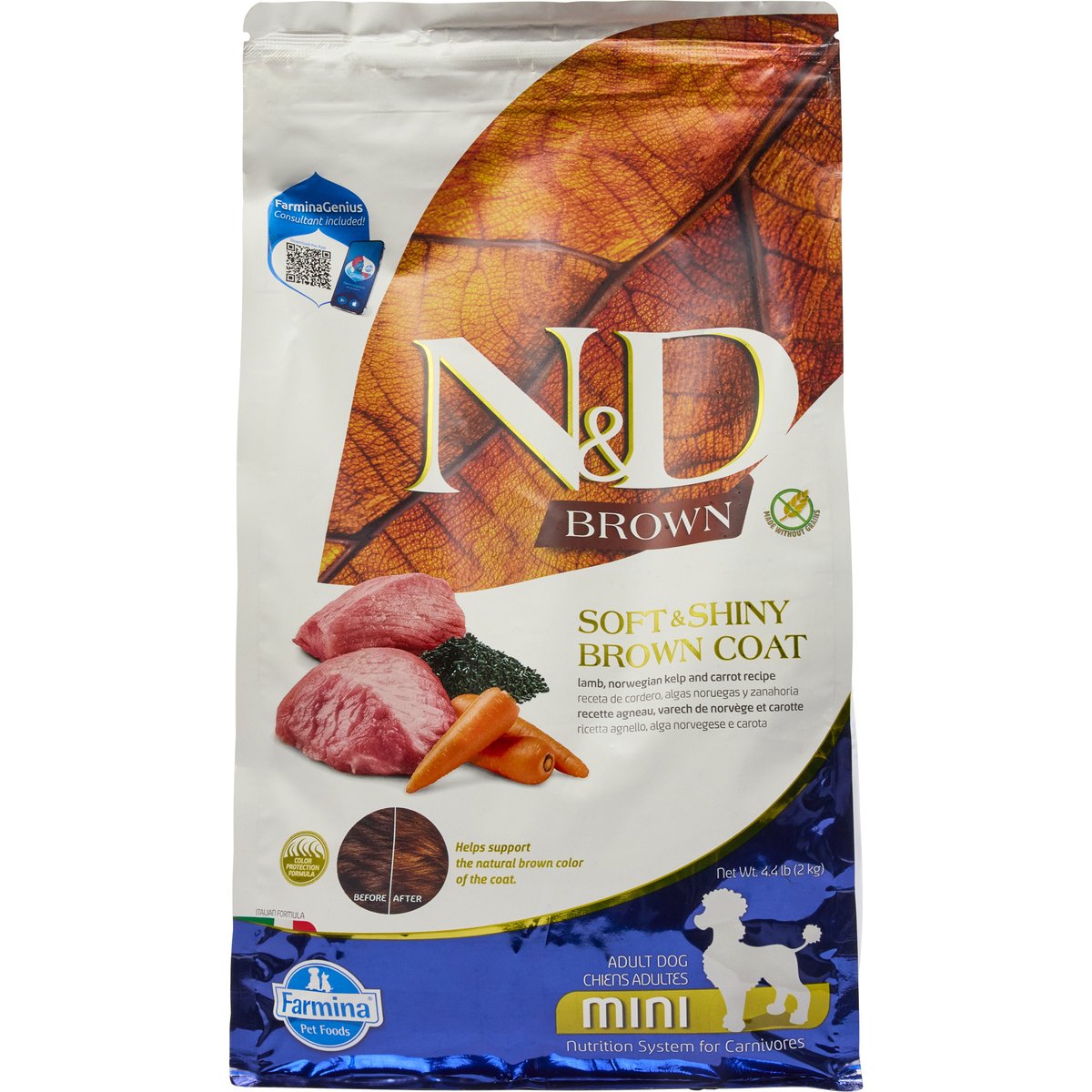 Farmina N&D Brown Coat Canine Formula Adult GMO-Free Lamb, Carrot & Kelp Mini Dry Dog Food, 4.4-lb bag