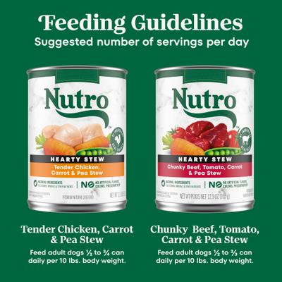Show full view: Nutro Hearty Stew Variety Pack Chunky Beef, Tomato, Carrot & Pea Stew & Tender Chicken Adult Wet Dog Food, 12.5-oz can, case of 12 slide 8 of 10