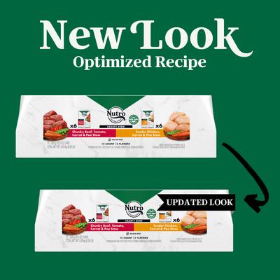 Show full view: Nutro Hearty Stew Variety Pack Chunky Beef, Tomato, Carrot & Pea Stew & Tender Chicken Adult Wet Dog Food, 12.5-oz can, case of 12 slide 3 of 10