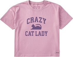 LIFE IS GOOD Women's Crazy Cat Lady Arch Short Sleeve Shirt, Violet Purple, Small