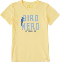 LIFE IS GOOD Women's Bird Nerd Short Sleeve Crusher Tee Shirt, Sandy Yellow, Large