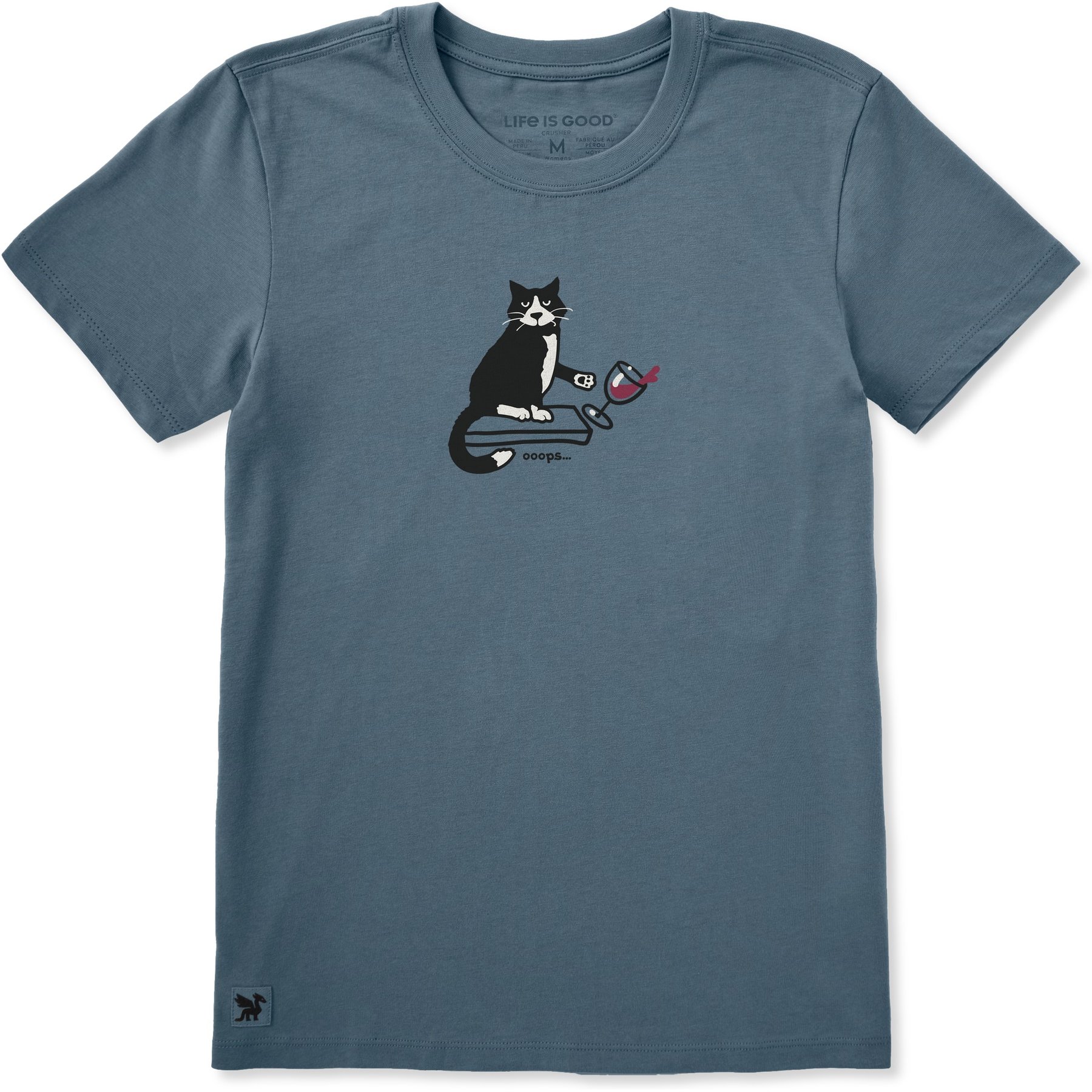 LIFE IS GOOD Women's Oops Cat Short Sleeve Crusher Tee Shirt, Slate Blue, X-Large