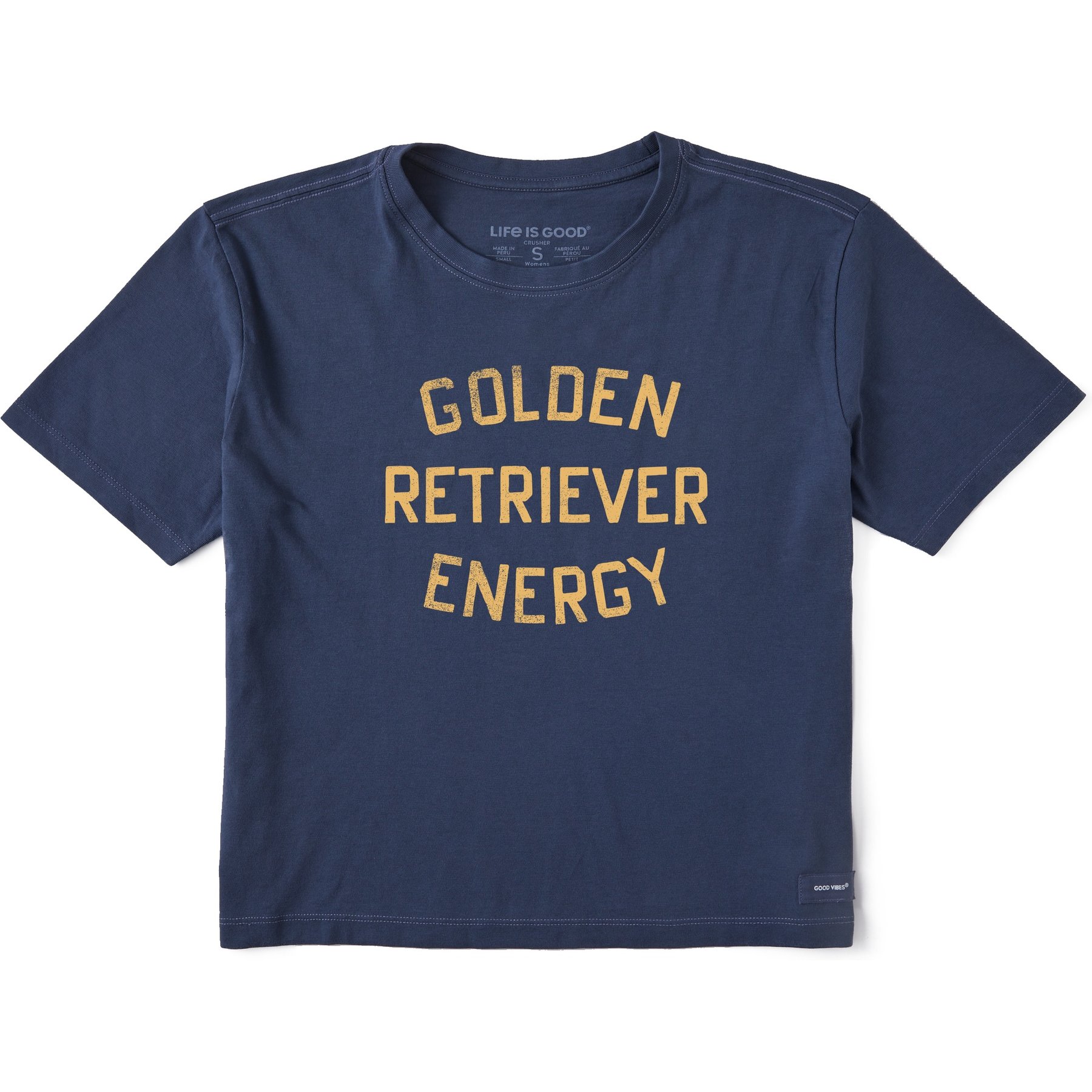 LIFE IS GOOD Women's Golden Retriever Energy Short Sleeve Shirt, Darkest Blue, Medium