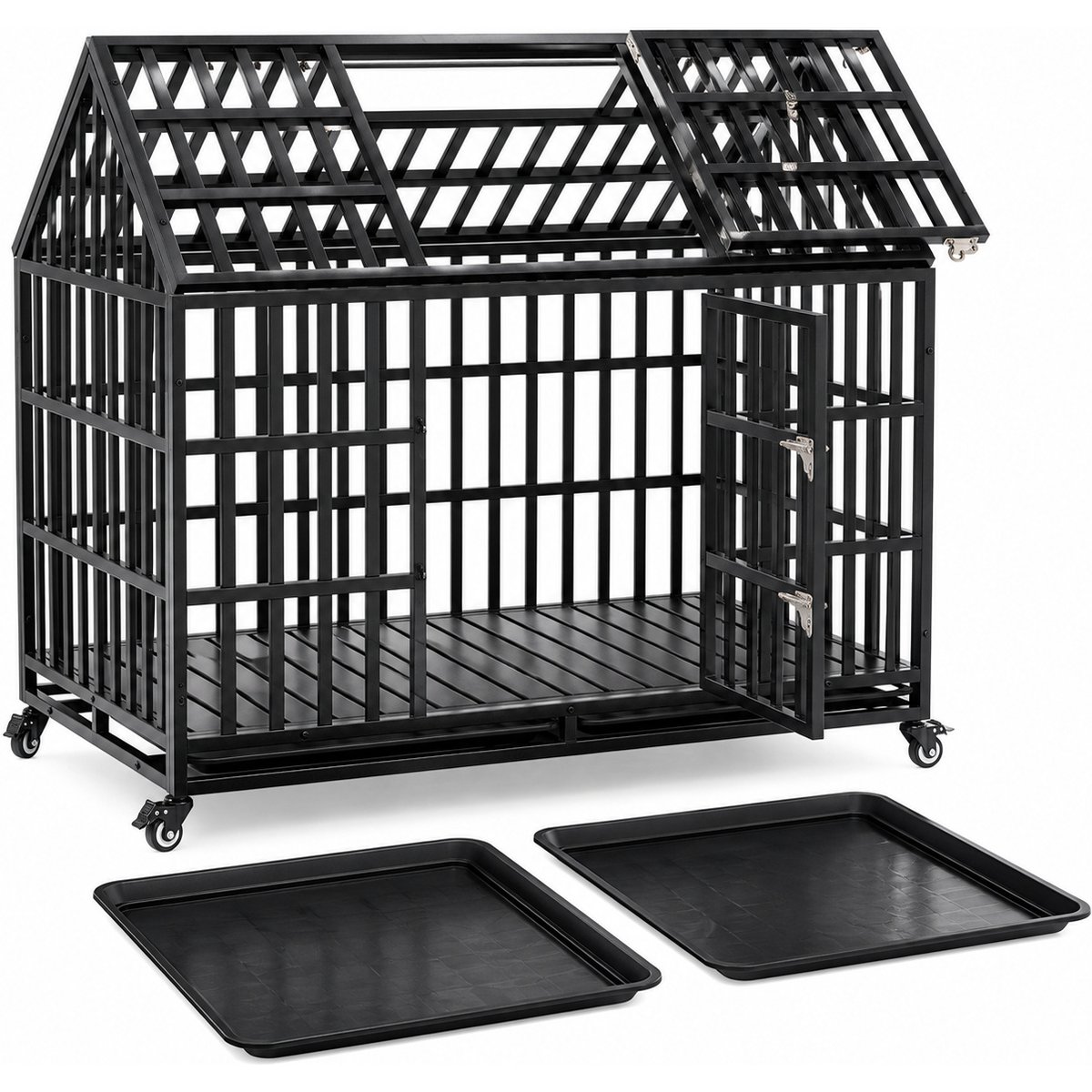 Yafylly Heavy Duty Strong Metal Dog Crate with 4 Lockable Wheels, Black, Large: 55-in