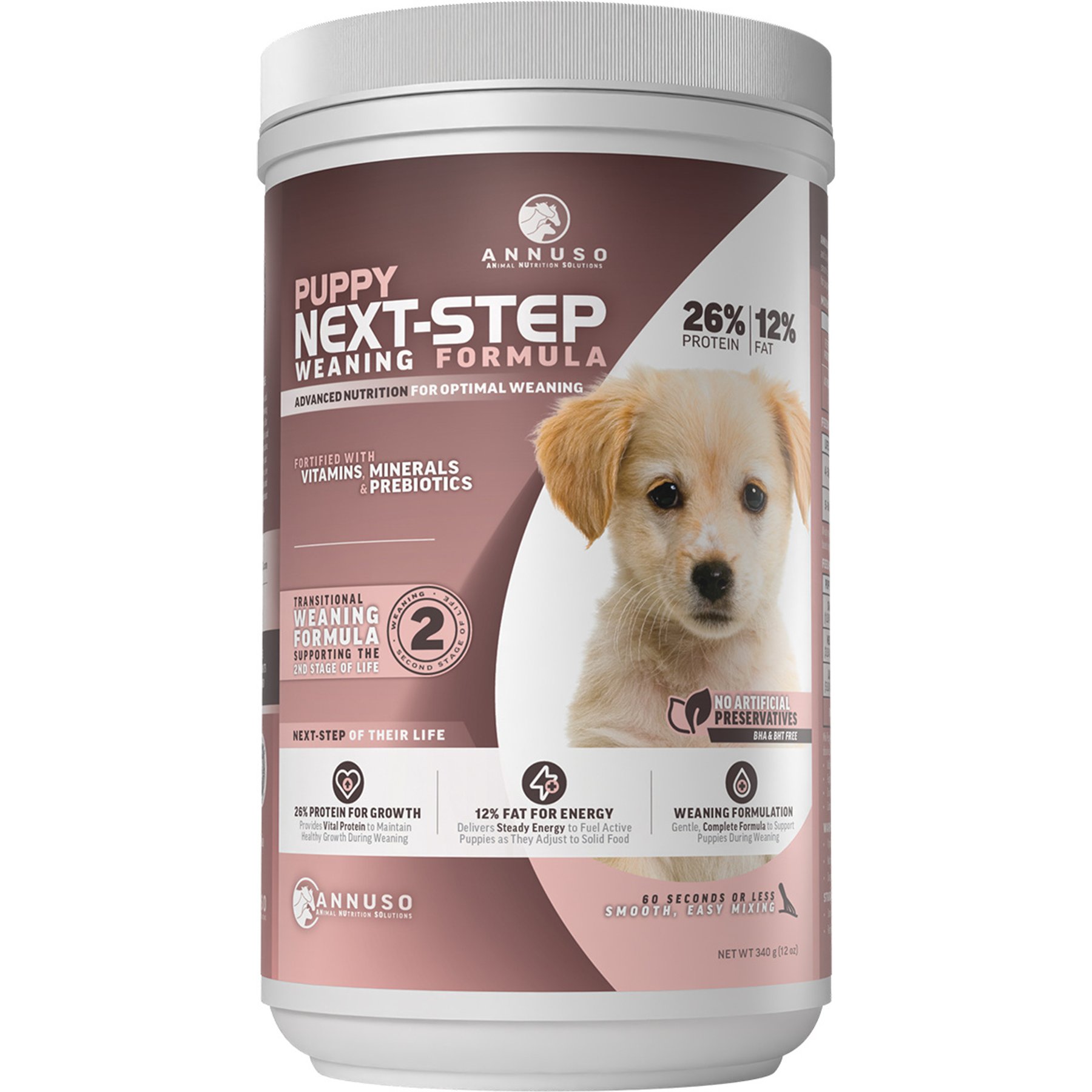 ANNUSO Next-Step Weaning Formula 26:12 Milk Replacer Flavored Powder Supplement for Puppy Dog, 12-oz can