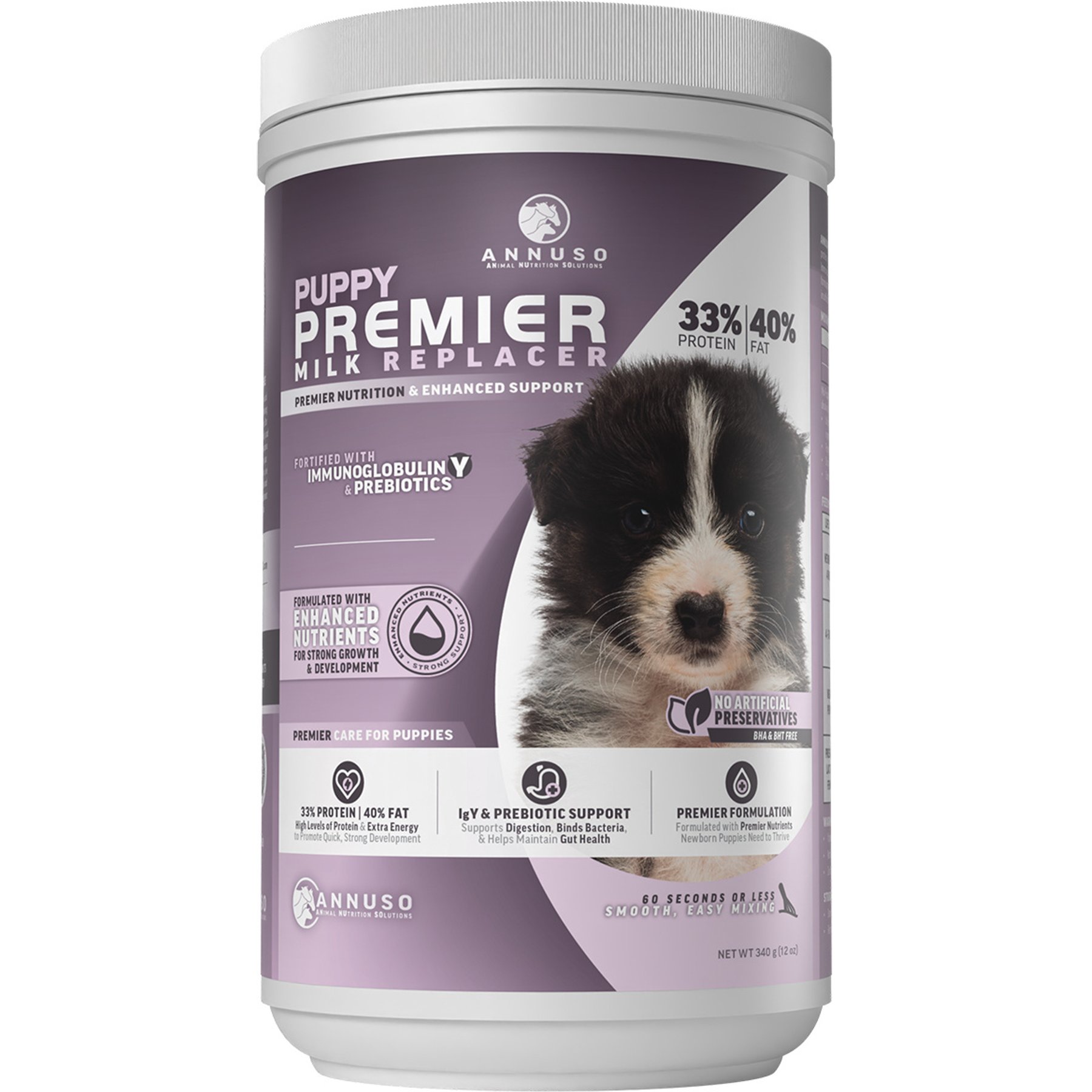 ANNUSO Premier Milk Replacer 33:40 Flavored Powder Supplement for Puppy Dog, 12-oz can