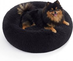 Bedsure Calming Fluffy Plush Faux Fur Anti-Slip Donut Machine-Washable Bolster Dog & Cat Bed, Black, Small