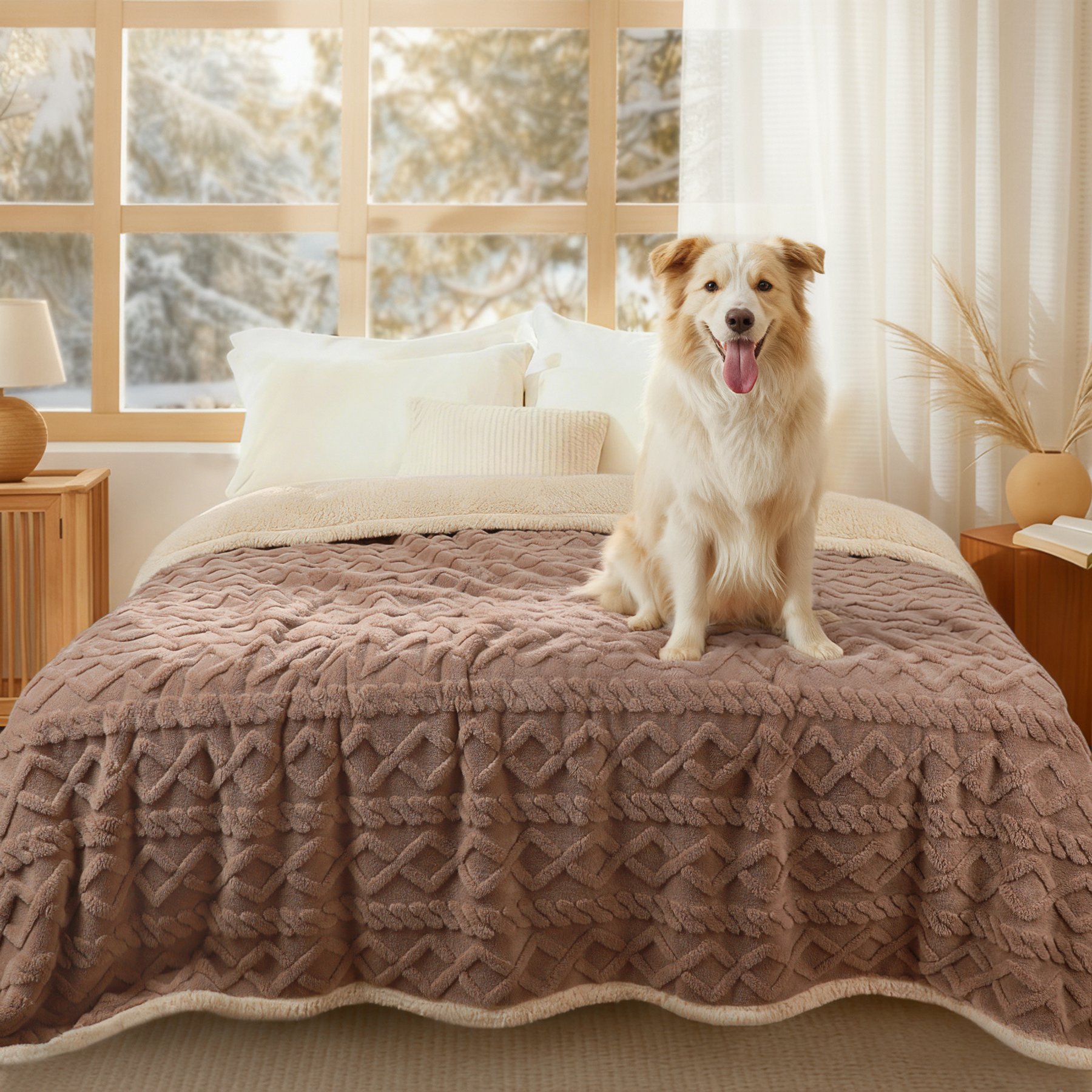 Luciphia Waterproof Soft Washable with Reversible Sherpa Fleece Furniture Protector Dog & Cat Blanket, Khaki, King: 100 x 82-in