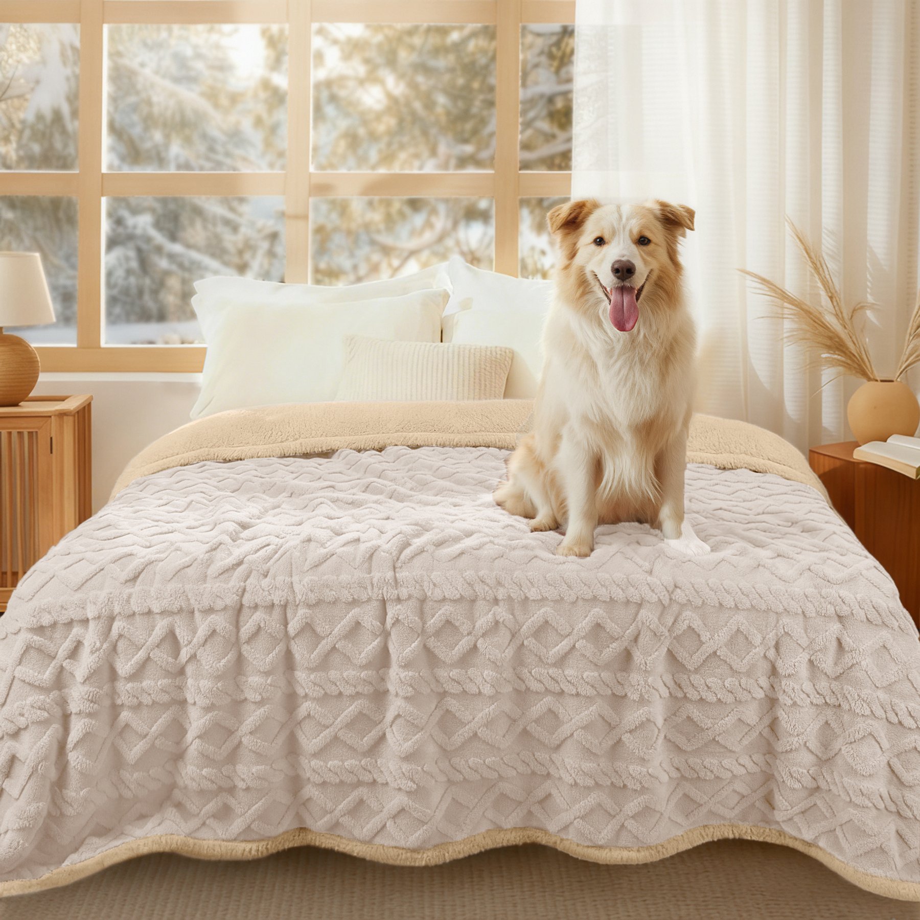 Luciphia Waterproof Soft Washable with Reversible Sherpa Fleece Furniture Protector Dog & Cat Blanket, Beige, King: 100 x 82-in