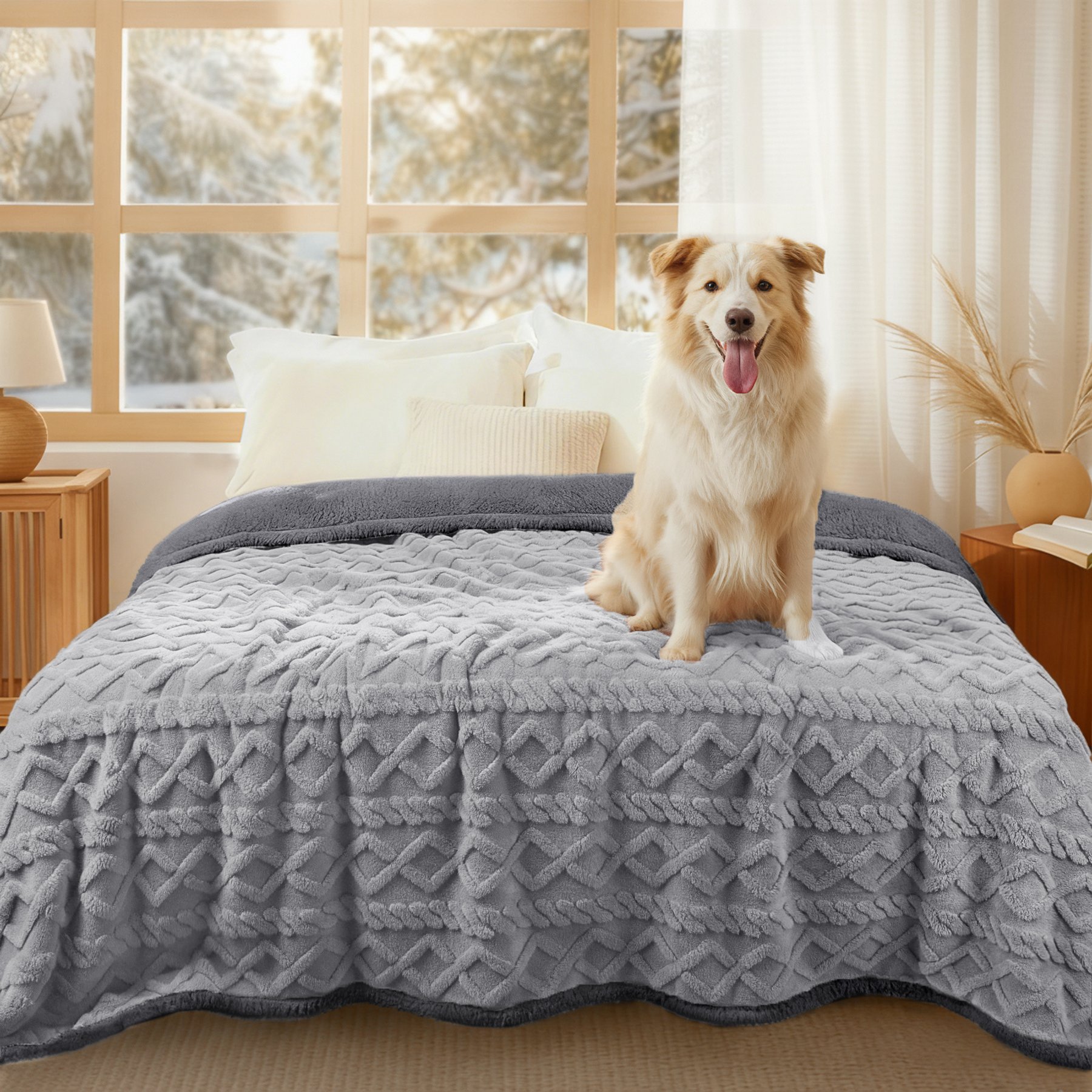 Luciphia Waterproof Soft Washable with Reversible Sherpa Fleece Furniture Protector Dog & Cat Blanket, Light Gray, King: 100 x 82-in